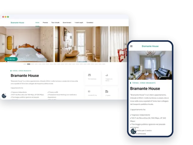 Sito di Bramante House mostrato su computer e telefono